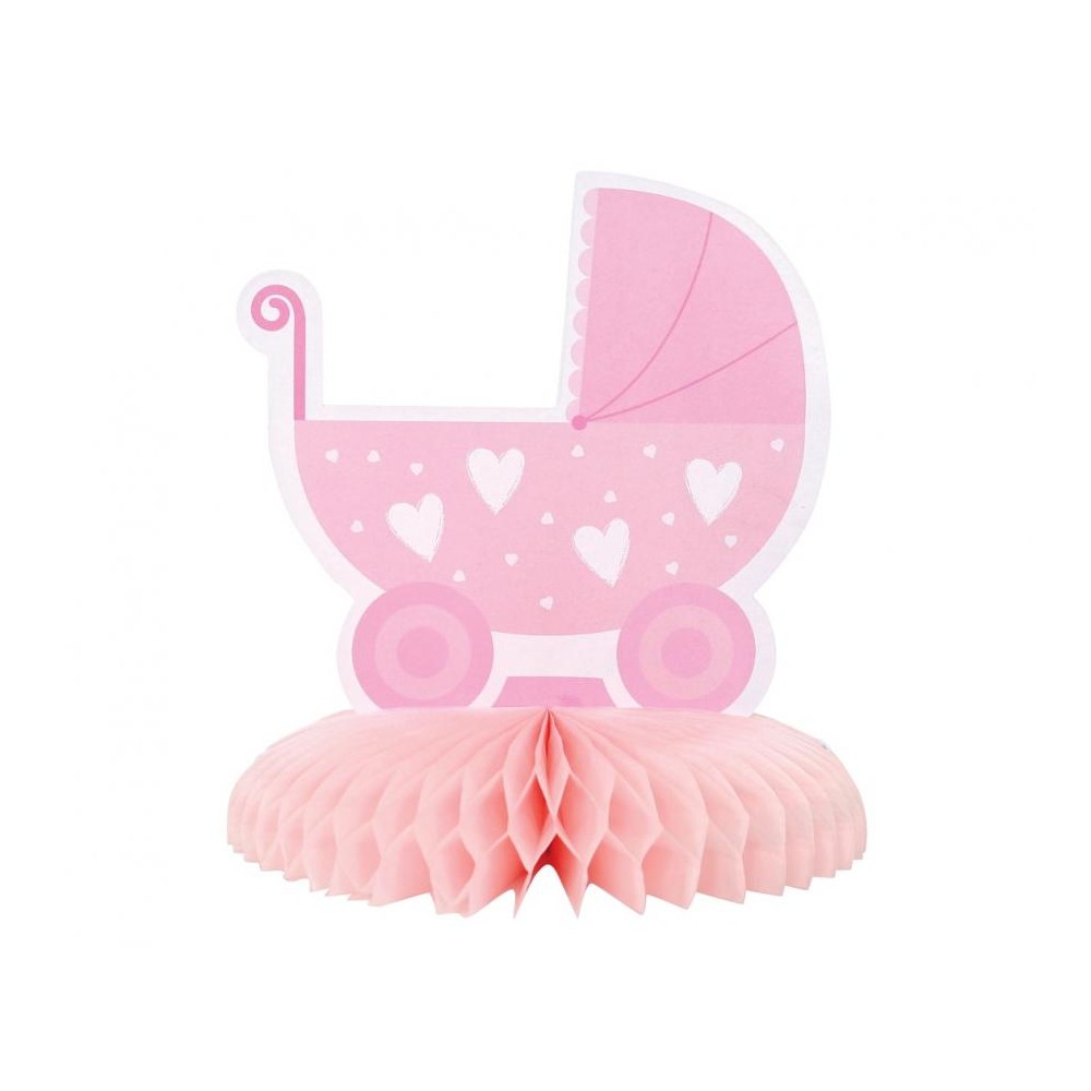 Dekoracja papierowa na stół Baby Girl - wózek, jasno różowa, 17 cm