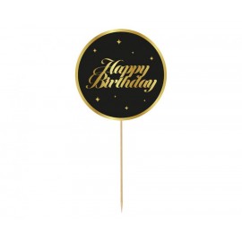 Topper Happy Birthday, czarny, gwiazdki, 10 cm