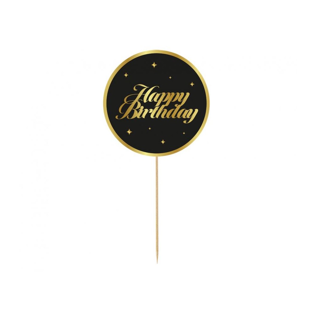 Topper Happy Birthday, czarny, gwiazdki, 10 cm