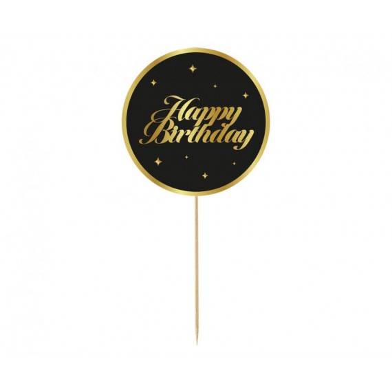 Topper Happy Birthday, czarny, gwiazdki, 10 cm