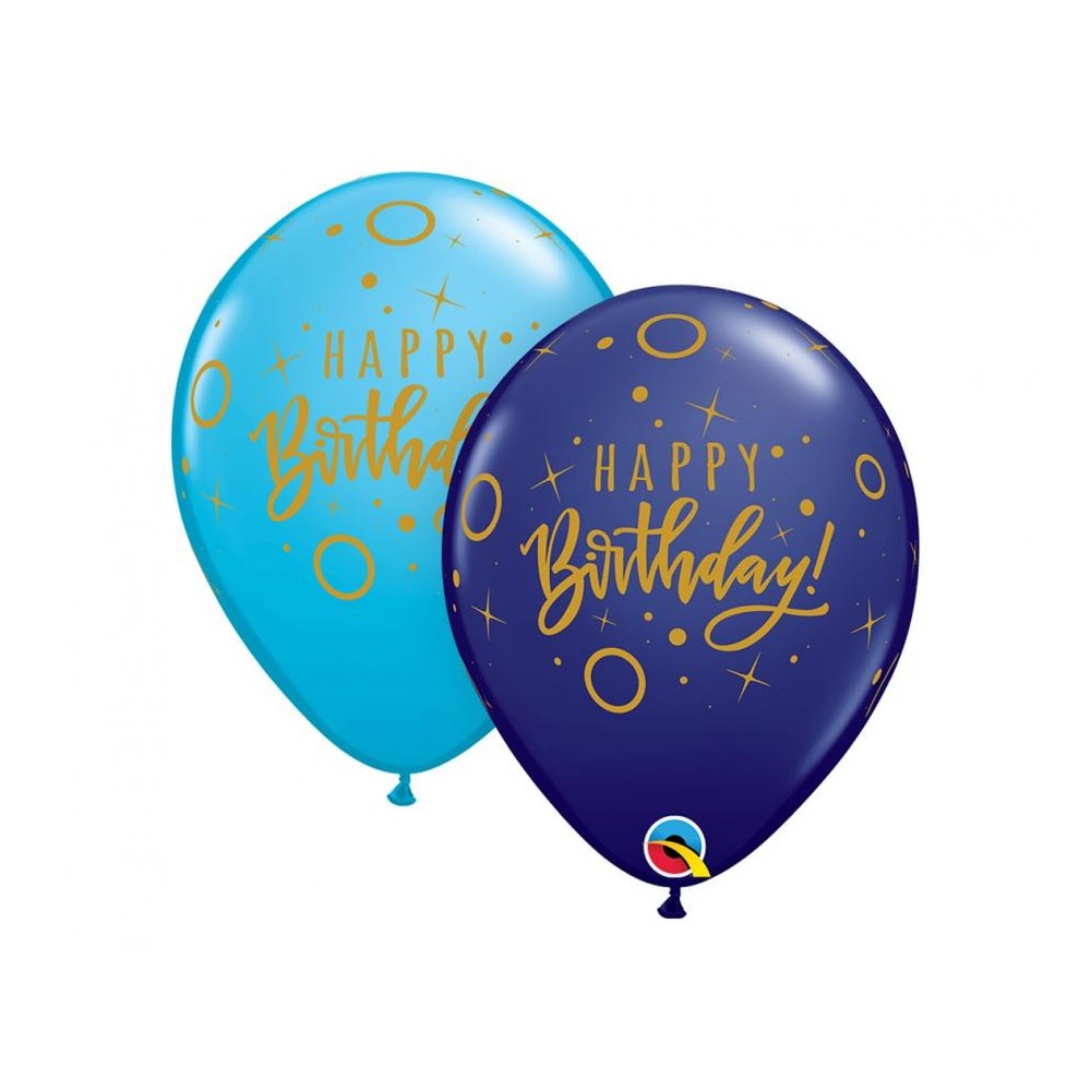 Balon lateksowy QL "Happy Birthday - Dots & Sprinkles", pastel granatowy i niebieski