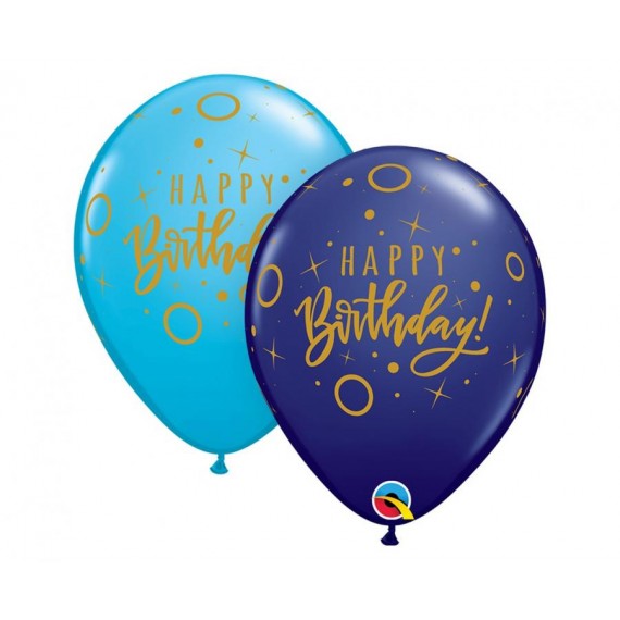 Balon lateksowy QL "Happy Birthday - Dots & Sprinkles", pastel granatowy i niebieski