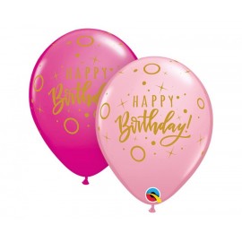 Balon lateksowy QL "Happy Birthday - Dots & Sprinkles", pastel różowy i magenta