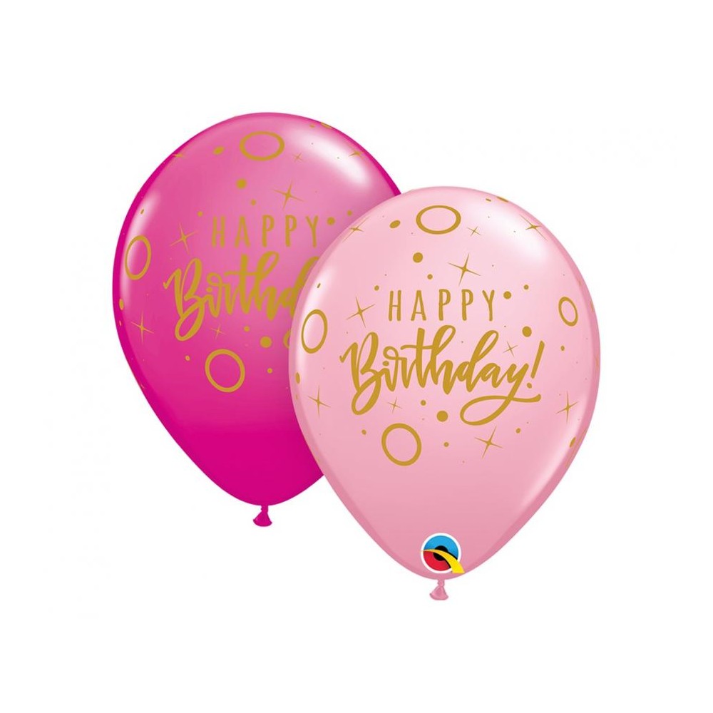 Balon lateksowy QL "Happy Birthday - Dots & Sprinkles", pastel różowy i magenta