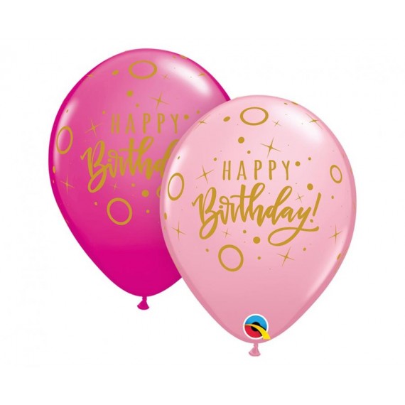 Balon lateksowy QL "Happy Birthday - Dots & Sprinkles", pastel różowy i magenta