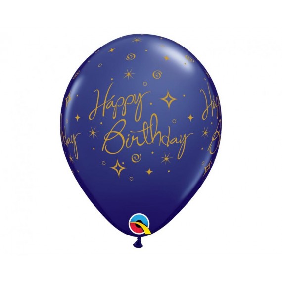 Balon lateksowy QL "Happy Birthday - Elegant Sparkles & Swirls", pastel granatowy