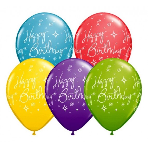 Balon lateksowy QL "Happy Birthday - Elegant Sparkles & Swirls",pastel mix