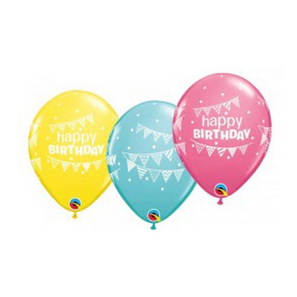 Balon lateksowy QL " Happy Birthday Pennants & Dots",pastel mix