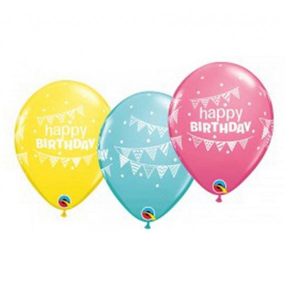 Balon lateksowy QL " Happy Birthday Pennants & Dots",pastel mix