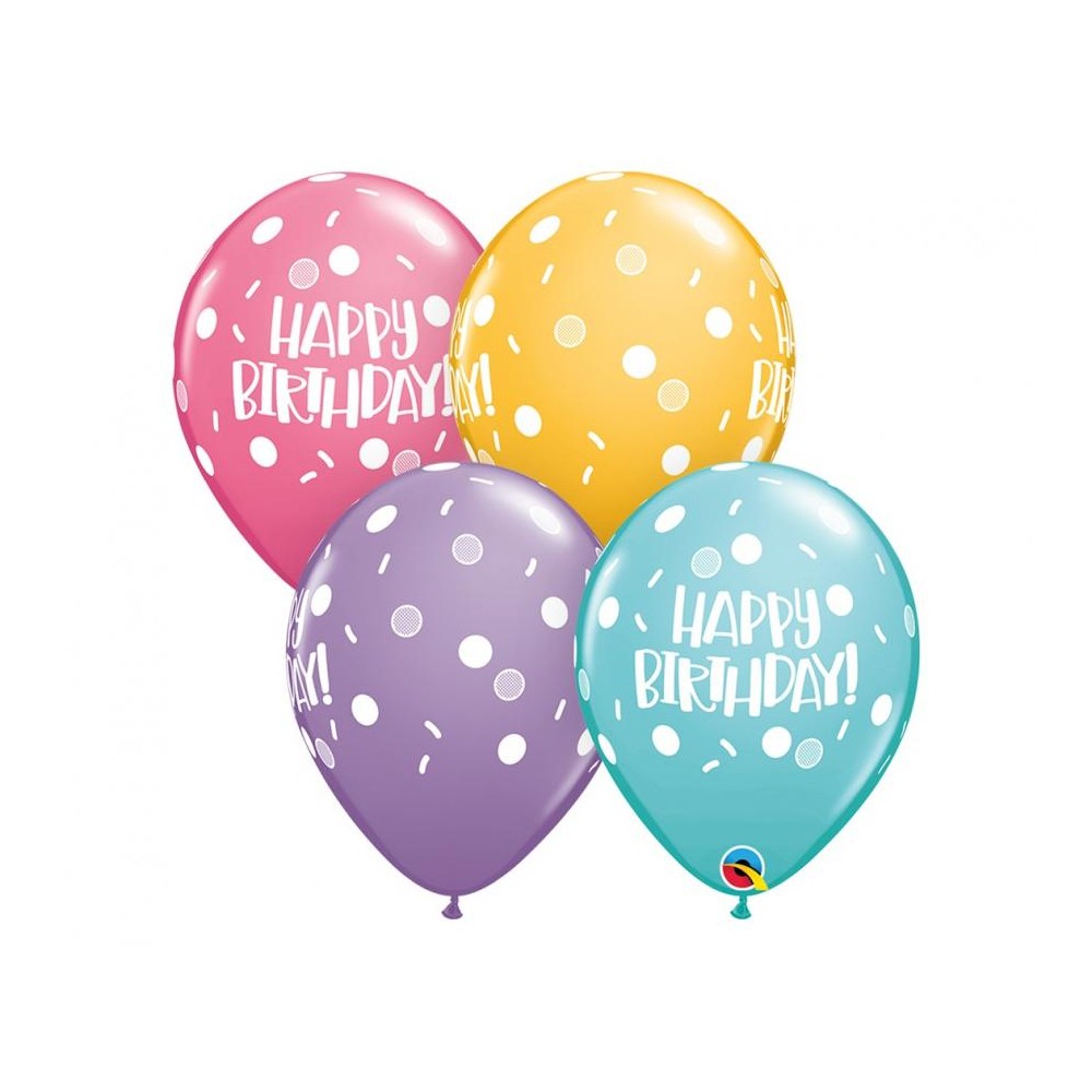 Balon lateksowy QL "Happy Birthday - Dots & Sprinkles",pastel mix