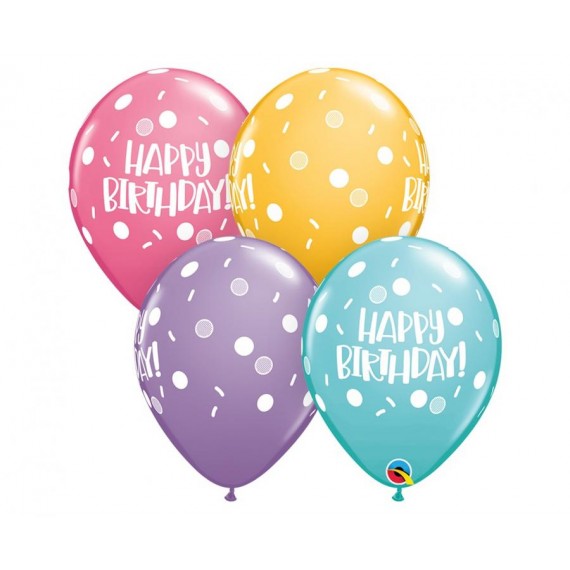 Balon lateksowy QL "Happy Birthday - Dots & Sprinkles",pastel mix