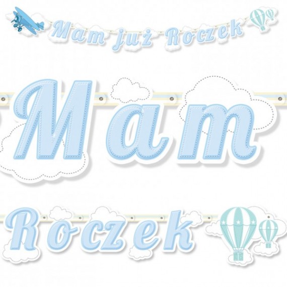 Baner Mam już Roczek - samoloty / chmurki, niebieski